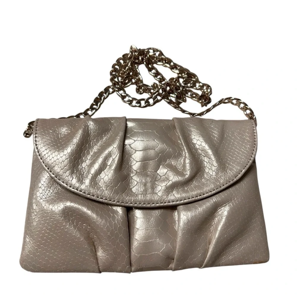 Talbots Beige Pleated Pearlized Leather Animal Print Bag with Gold Chain Strap